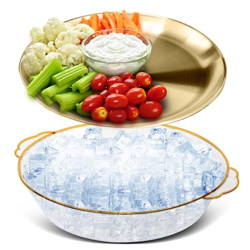 1 Set 11.8" Chilled Serving Tray Compartments for Parties, Gold | Ice Chilled Party Platter, Charcuterie Serving Board Cold Dish Dip for Fruit Seafood Vegetable Shrimp Cocktail - color: Gold