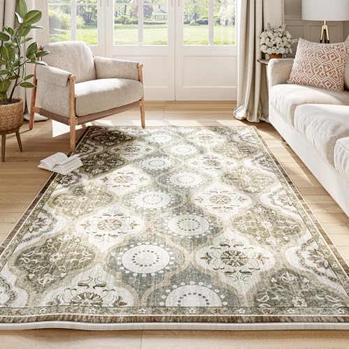EnHomee Area Rugs 3x5, Soft Washable Rugs for Living Room Bedroom, Boho Non Slip Low Pile Stain Resistant Washable Rug Large Carpet for Dining Room,Easy to Clean Living Room Rug, Green - color: Green, size: 3x5