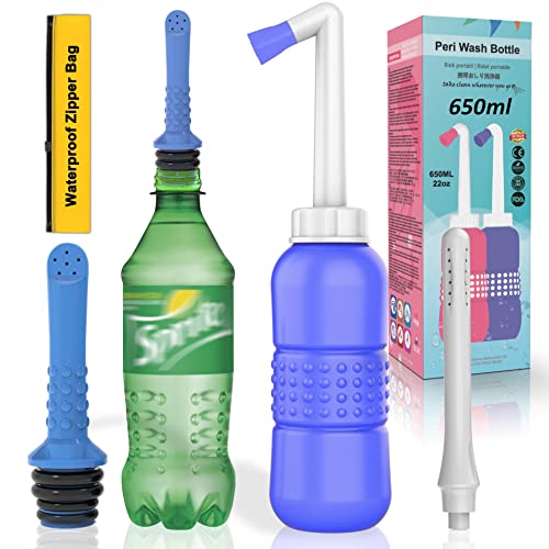 2PCS-Pack 2in1 Vaginal Douche Perineal Irrigation 650ML Portable Bidets + Pocket Bidet Pipe, Travel Bidet with Waterproof Cap, Peri Bottle for Postpartum Essentials - color: Blue