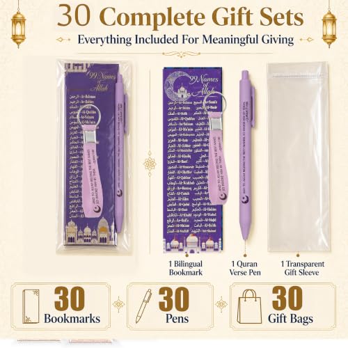 30 Sets 99 Names of Allah Bookmark Pens with Quran Writings Silicone Keys Chains Arabic English Bilingual Islamic Graduation Gifts Bulk for Quran Learning Reflecting on The Names of Allah