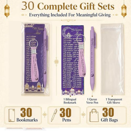 30 Sets 99 Names of Allah Bookmark Pens with Quran Writings Silicone Keys Chains Arabic English Bilingual Islamic Graduation Gifts Bulk for Quran Learning Reflecting on The Names of Allah