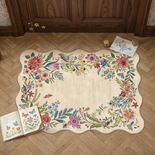 2x3 Floral Beige Scalloped Area Rug - color: Beige, size: 2' x 3' (Scalloped)