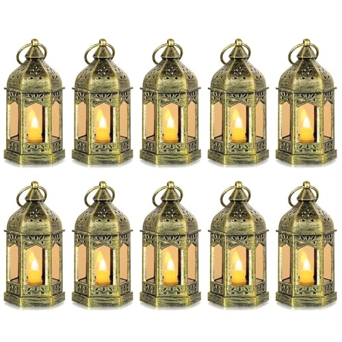 Mini Lantern with Flickering LED Candles Set of 10, Hewory Gold Vintage Decorative Hanging Candle Lanterns for Halloween, Christmas, Wedding Decorations, Party, Table Centerpiece, Battery Included - color: Gold, size: 10PCS