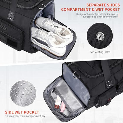 WITZMAN Travel Duffel Bags for Men Large Carry On Weekender Overnight Bag 3 in 1 Backpack with Shoe Compartment （B693 Black） - color: Black