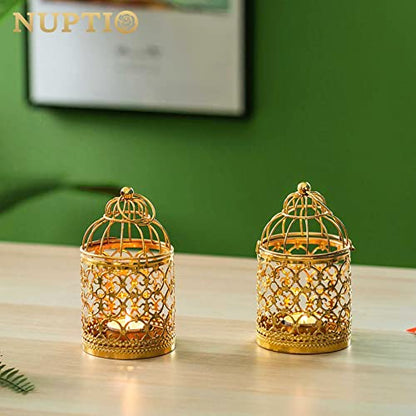 NUPTIO Hanging Birdcage Lantern Tealight, 2 Pcs Small Gold Candle Holders - color: Gold, size: 2Pcs