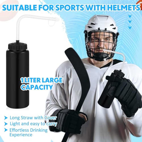 Domensi 2 Pack Large 1l Sports Water Bottle, 12.4" H x 5" W Translucent Easy Squeeze Plastic with Straw, Designed for Use with Football Lacrosse Hockey Helmets(Black,No Printed) - color: Black, style: No Printed