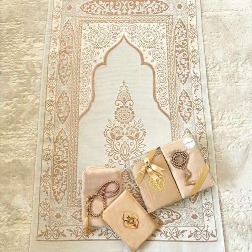 SAJADAH Muslim Prayer Rug Set - 4 in One Islamic Gifts Set, Prayer Mat, Prayer Beads, Hijab, Surahs Book,Eid Gifts - color: Light Brown