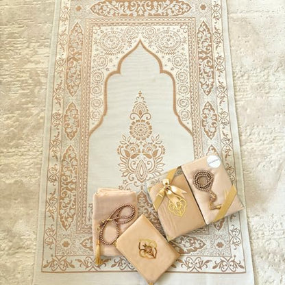 SAJADAH Muslim Prayer Rug Set - 4 in One Islamic Gifts Set, Prayer Mat, Prayer Beads, Hijab, Surahs Book,Eid Gifts - color: Light Brown