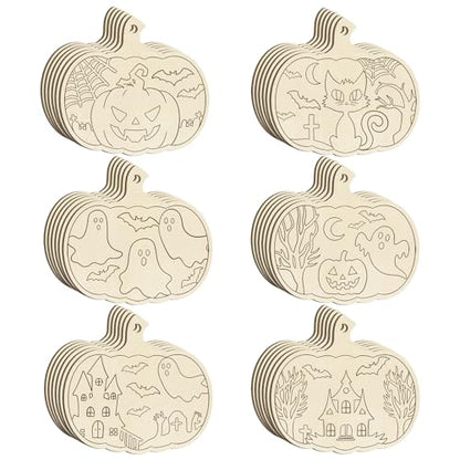 36피스 나무 호박 장식품 할로윈 추수감사절 장식 컷아웃 미완성 8.9cm(3.5인치), DIY 빈 미완성 호박 장식품 가정 수확 공예 벽걸이 가을 장식(6스타일) - color: 할로윈 라인 컷아웃