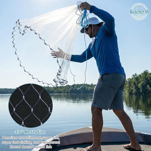 Cast Net 3ft-8ft Radius American Monofilament Fishing Net 3/8 Mesh Fish Throw Net for Bait Trap, Casting Net with Heavy Duty Sinker, Professional Grade Saltwater Bait Fish - size: 5ft Radius