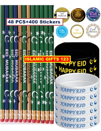 448 Pcs Eid Mubarak Pencils Wristbands Stickers Set Eid Pencils Eid Wristbands Eid Stickers Eid Mubarak Party Ramadan Gift for Muslims (Eid Pack) - color: Eid Pack