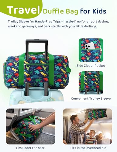RAVUO Water Resistant Kids Duffel Bag - Overnight Sports Weekender Gym Carry-On Tote Travel Shoulder Bag for Boys with Shoe Compartment and Wet Pocket - color: Dinosaur