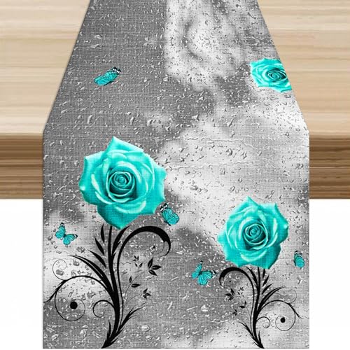 Rainy Day Teal Rose Table Runner Elegant Rainy Teal Farmhouse Rose Flower Plant Butterfly Table Decor Table Top Dining Kitchen Wedding Party 13x36 in - color: Table-46, size: W13X L36