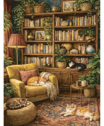 1000 Piece Puzzle for Adults, Jigsaw Puzzle Cozy Library with Cats - color: Cozy Library - Yellow