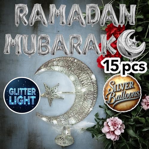 Eid Crescent Moon Star Table Lamp - Battery-Powered LED Light, Festive Home Décor Eid Gift Set with Mubarak Balloons, 14” Long (Silver) - color: Silver