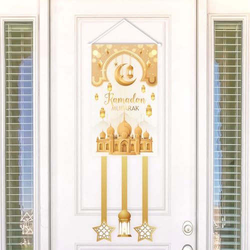 Ramadan Decorations for Home Gold Eid Decorations Mubarak Hanging Door Sign Ramadan Decor Party Favor Hang Flag Ramadan Mubarak Banner Holiday Welcome Wall Banner for Party Supplies