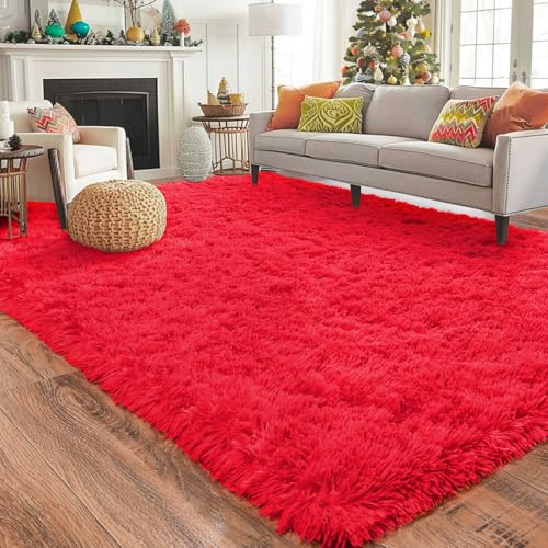 Soft Shag Rugs for Bedroom, Fluffy Washable 4x6 Red - color: Red, size: 4' x 6' (Rectangular)