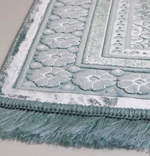 Modefa Velvet Prayer Rug - Soft Plush Turkish Janamaz Sajada Carpet for Men and Women - Plain Solid Prayer Mat Ramadan Eid Gift - with Prayer Beads - Luxury Floral Stamp (Light Blue) - color: Light Blue