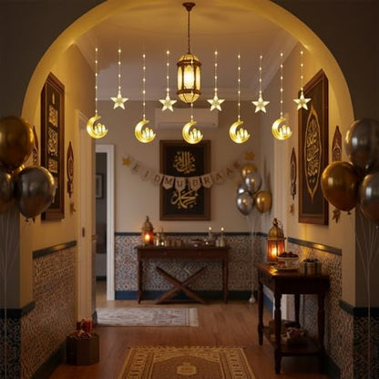 Ramadan Curtain Lights,135 LED Star & Castle String Lights,USB Powered Dimmable Twinkle Curtain Fairy Lights,8 Lighting Modes Warm White Window Light,Ramadan Decorations for Home Indoor Decor