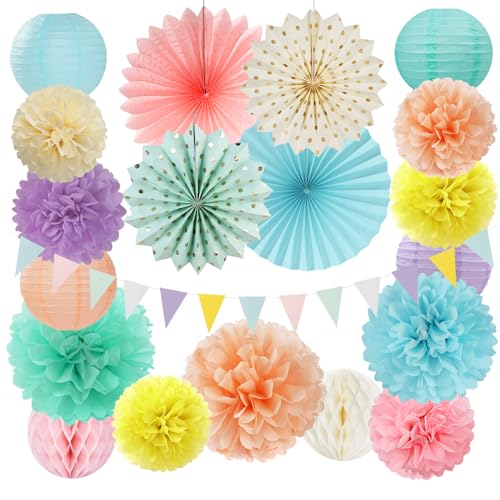 Pastel Rainbow Party-Decorations - 20pcs Pink Yellow Blue Classroom Ceiling Paper Lanterns Fans ,Girl Birthday Tissue Pom Poms,Honeycomb Balls,Bunting,Baby Shower Bridal Wedding Decor Burgleda - color: Pastel Rainbow