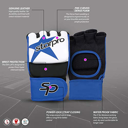 Starpro MMA Grappling Gloves for Men & Women - Faux Leather with Dense Padding- Sparring Training Kickboxing Martial Arts Competition - color: Blue/Black, size: Medium