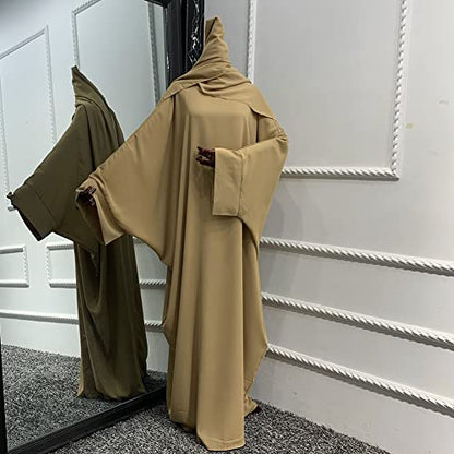 Muslim Dress for Women Pakistani Kaftan Abaya Robe + Hijab Arabic Islamic Prayer Clothes Dubai Outfits - color: Khaki Set
