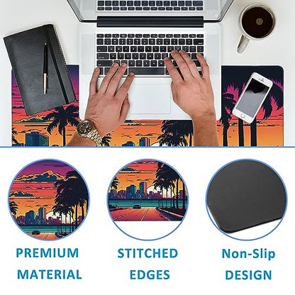 Mouse Pad,Orange Purple Miami Landscape Desk Mat for Desktop,Desk Pad with Non-Slip Base and Stitched Edge,Extended Mousepad for Office and Home 35.4X15.7 Inch - color: Miami Landscape