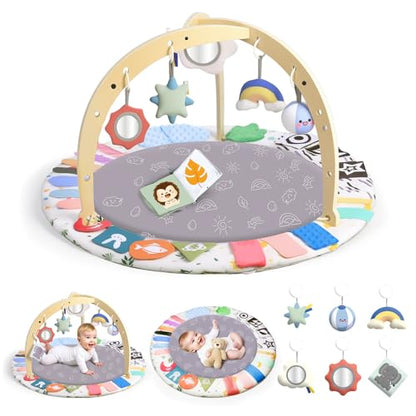 Baby Play Gym Activity Mat, WOOD CITY Tummy Time Play Mat for Babies 0-6 Months with 6 Detachable Newborn Infant Toys, Promote Motor Skills & Sensory Development Baby Essentials Gift