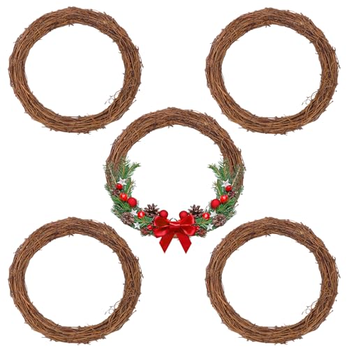 5 Pcs 12 Inch Natural Grapevine Wreath Set, Hand-Woven Vine Branch Wreaths for DIY Crafts, Christmas Decorations, Home & Event Styling - size: 5 Pcs 12 Inch Brown