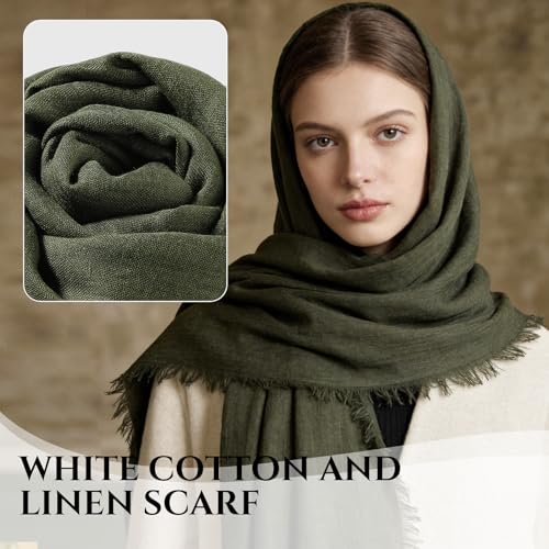 Extra Large Cotton Linen Shawl Wrap for Women, Elegant Scarf with UV Protection Breathable Lightweight Head Cover Hijab - color: Army Green
