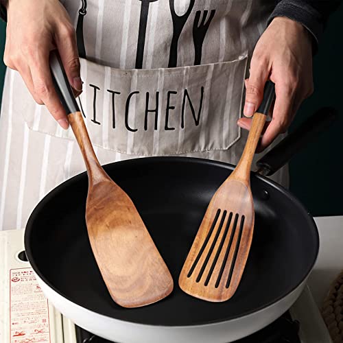2 Pcs Wooden Spatula Set for Cooking Non Toxic Teak Kitchen Utensils Slotted Pancake Turner Flat Wood Wok Spatulas Bamboo Spoon for Cooking Utensil Set Spurtle Scraper Black Fish Egg Flipper Spatula - color: 2Pcs-Black