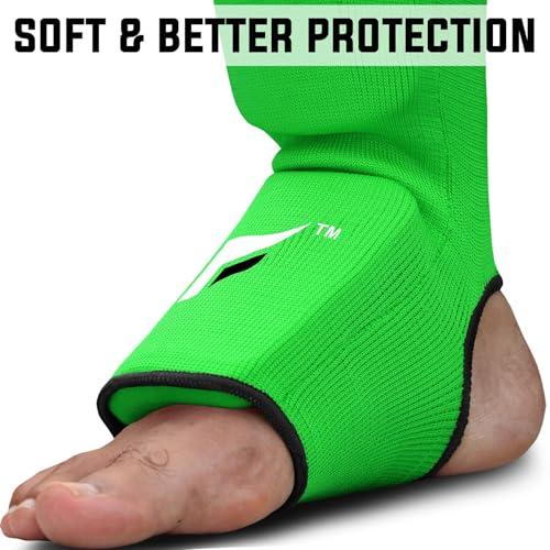 Mytra Fusion Shin Pads Instep Protector Kick Boxing Muay Thai Training Elasticated shin Guards - color: Green, size: Large-X-Large