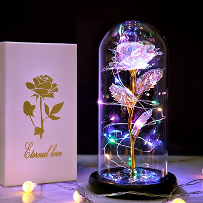 Fvawe Birthday Gifts for Women,Rose Glass Flowers Gifts for Mom,Galaxy Crystal Light Up Rose in A Glass Dome,Presents Girlfriend Wife Sister Grandma Her Anniversary Valentines Mothers Day - color: Gold Colorful