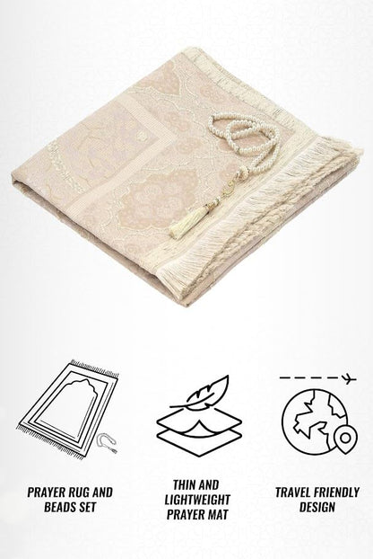 ihvan online Muslim Prayer Rug with 99 Beads Tasbih, Soft Chenille Sajadah, Lightweight & Foldable Janamaz, Portable Travel Prayer Mat, Islamic Gift for Eid, Ramadan, Hajj & Umrah, Pale Pink - color: Pale Pink