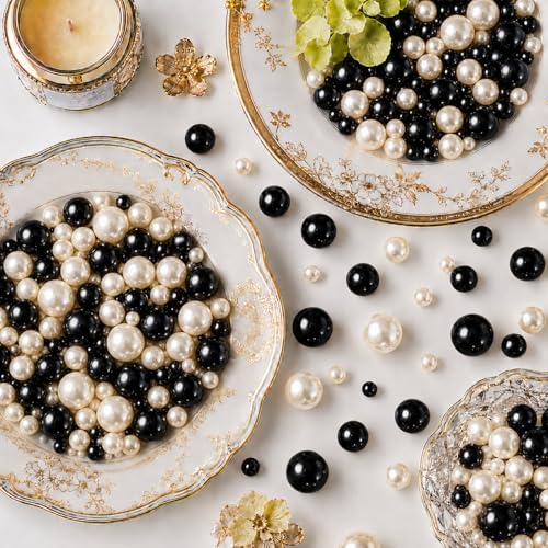UDU 200 Pcs Vase Filler Pearl Beads No Hole Faux Polish Pearls for Centerpieces Vases Beads for vases Home Birthday Wedding Party Table Decor (White and Black) - color: White and Black