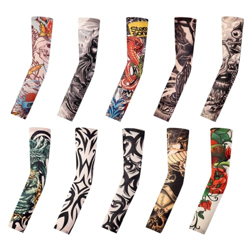 Tattoo Sleeves for Men Women Sun Protection UV Compression Arm Sleeves Breathable Skin Cover for Outdoor Sports - color: 024-10pc