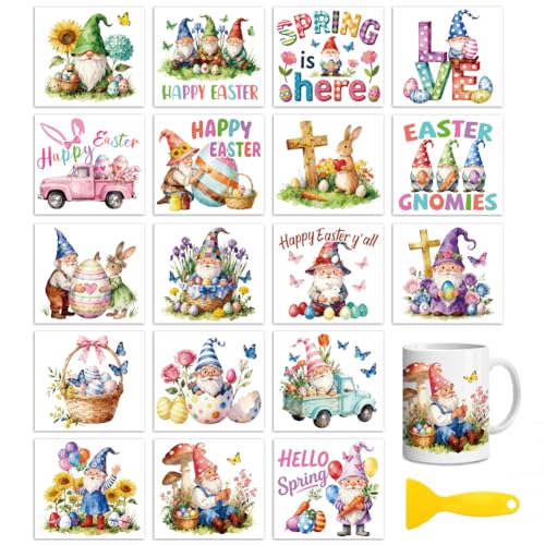 Peacoblue Easter Gnomes Rub On Transfers for Craft, Transfer Sticker | 18 Sheets UV DTF Transfers, Waterproof Rub On Decals for Wood, Glass, Furniture, Tumblers & Home Decor Crafts - style: Easter Gnomes with Eggs