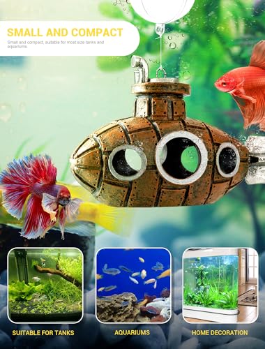 Floating Submarine Aquarium Decoration with 2 Float Balls | Resin Floating Submarine Ornament with 2 Clear Balls and Adjustable Line for Aquariums, Fish Tanks and Terrariums - size: 4.9'' Floating submarine
