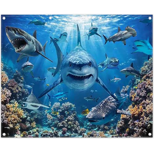 10x8ft Shark Theme Under the Sea Photography Backdrop | Underwater World, Kids Party Supplies, Aquarium Coral Reef Shallows Banner, Deep Ocean Photo Booth, Polyester, Grommets, 1PC - size: 10'x8'