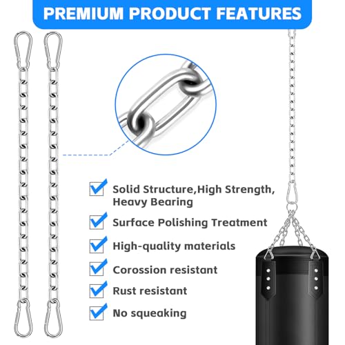 2 Pack Punching Bag Chain, Heavy Duty Hanging Swing Chain with 4 Carabiners, 550LB Capacity Hammock Hardware Kit for Punching Bags Swing Chairs Hammocks Trapeze Yoga Indoor & Outdoor Gym