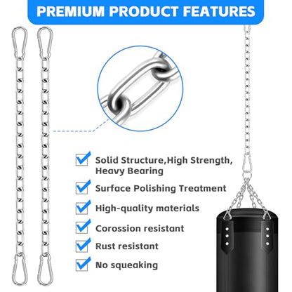 2 Pack Punching Bag Chain, Heavy Duty Hanging Swing Chain with 4 Carabiners, 550LB Capacity Hammock Hardware Kit for Punching Bags Swing Chairs Hammocks Trapeze Yoga Indoor & Outdoor Gym