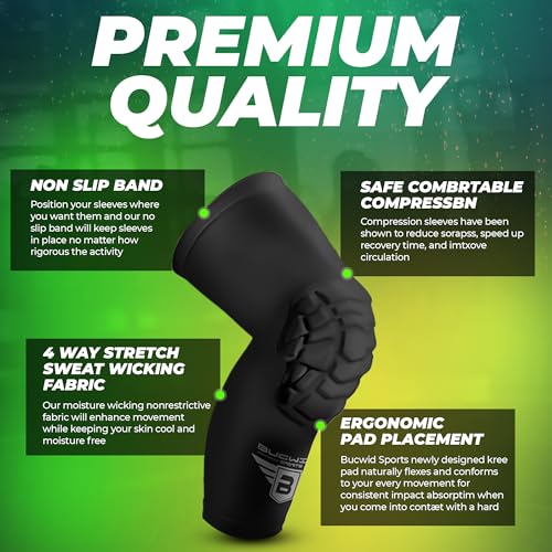 Bucwild Sports Pro Compression Padded Knee Sleeves Knee Pads Youth & Adult Basketball Football Wrestling Volleyball 1 Pair - color: Black, size: XS (Youth)