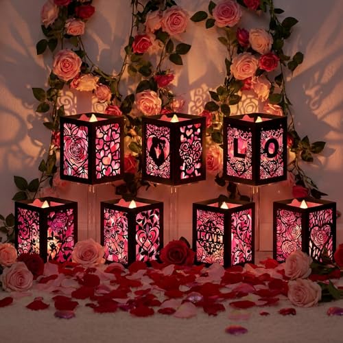 Retisee 24 Pcs Valentine's Day Decorations Paper Lanterns Craft Kits Valentine's Day Candles Holders Paper Boxes Lanterns DIY Craft Kits for Home Decorations Art Project - style: Valentine's Day