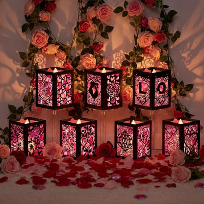 Retisee 24 Pcs Valentine's Day Decorations Paper Lanterns Craft Kits Valentine's Day Candles Holders Paper Boxes Lanterns DIY Craft Kits for Home Decorations Art Project - style: Valentine's Day