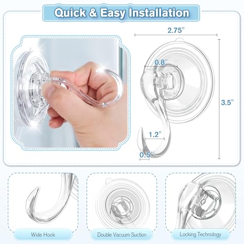 VIS'V Suction Cup Hooks with Wipes, Removable Reusable, Clear, Large, 5 Pcs | Clear Invisible Design, Locking Suction Technology, Dual Vacuum Suction, Heavy Duty, Fits for Smooth Flat Surfaces