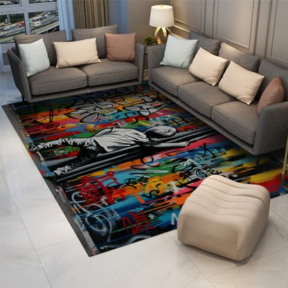 Boy Draws Curtain Entryway Rug Colorful Graffiti Rugs Creative Street Art Low Pile Rugs for Bedroom Study Playing Room Nursery 6'x10' - size: 6'x10'