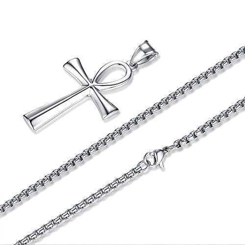 REVEMCN Reve Stainless Steel Coptic Ankh Cross Religious Pendant Necklace for Men Women, 20-24 Inches Chain - style: Silver Tone: 20'' Rolo Chain