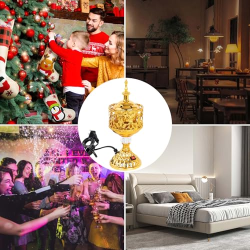 Golden Electric Incense Burner, Arabian Style Electric Incense Holder with US Plug, Middle Eastern Tabletop Decorative Censer for Yoga Spa Home Office Christian Church Decor