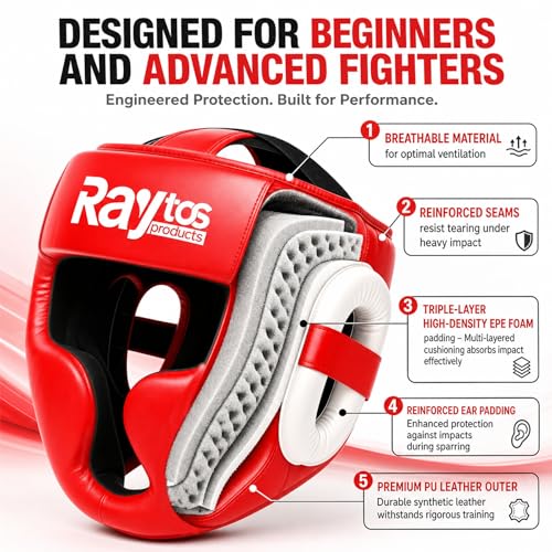 Boxing Headgear for Men Women – Professional Lightweight Open Face Head Guard, Breathable Protection, Secure Fit for MMA Muay Thai Kickboxing Sparring Training - color: Red
