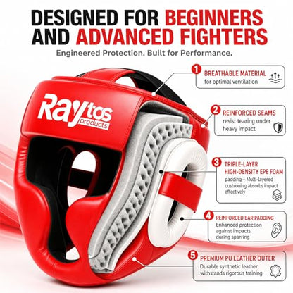 Boxing Headgear for Men Women – Professional Lightweight Open Face Head Guard, Breathable Protection, Secure Fit for MMA Muay Thai Kickboxing Sparring Training - color: Red